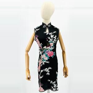 Black Floral Satin Peacock Print Cheongsam Mini Dress